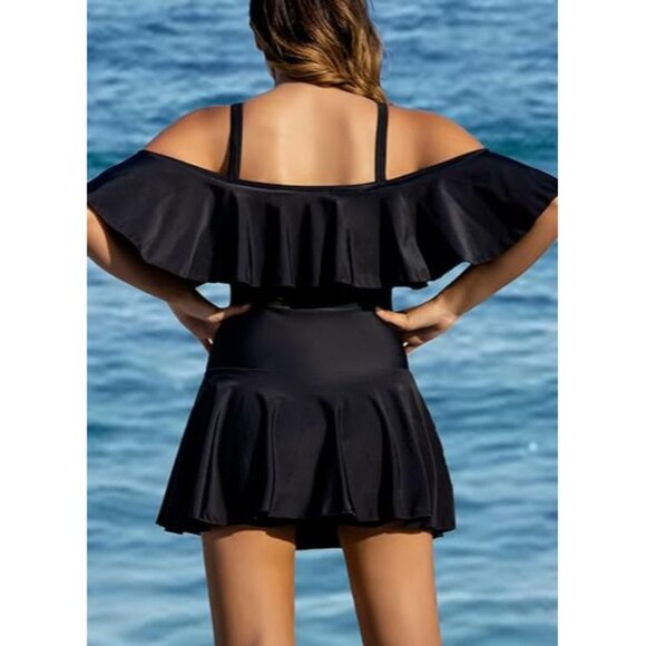 Cocopear Off-Shoulder Flounce Swimdress Black One-Piece Swimsuit Size Medium - Picture 6 of 10